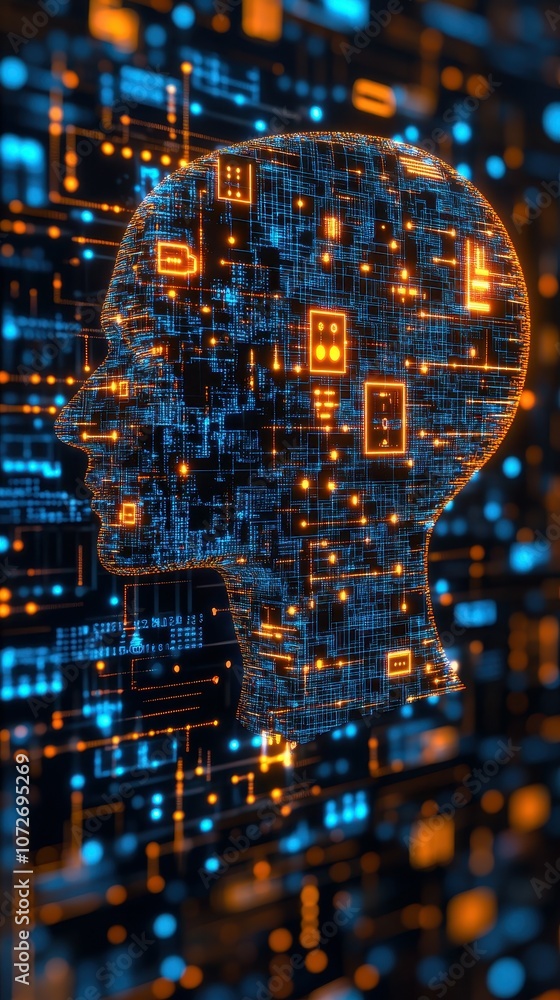 Poster a computer generated image of a head with a blue and orange background. the head is surrounded by a 