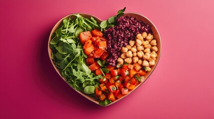 Heart-shaped plate filled with healthy and nutritious foods