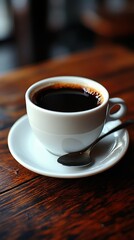 Fototapeta premium A white coffee cup with a spoon in it sits on a wooden table. The coffee is dark and he is almost finished