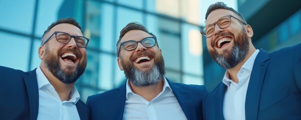Fototapeta premium Three smiling businessmen in suits laughing outdoors. Corporate team portrait in urban setting. Professional success and teamwork concept.