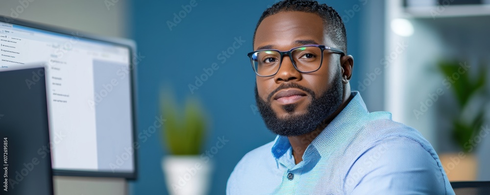 Poster portrait of a confident man with glasses and beard working in an office with computer screens. profe