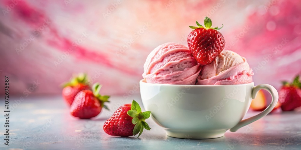 Poster a bowl of strawberry ice cream with a strawberry on top, sitting on a light grey surface with severa