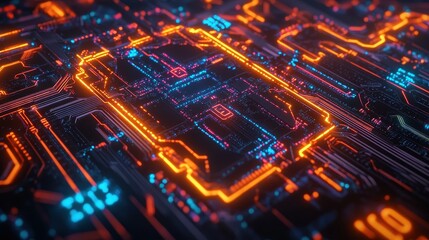 Fototapeta premium Abstract Futuristic Circuit Board with Glowing Orange and Blue Lines - Technology Background.