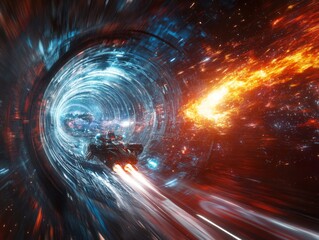 Futuristic Spacecraft Traveling Through a Colorful Wormhole with Explosions and Cosmic Elements in a Vast Universe Filled with Stars and Nebulae