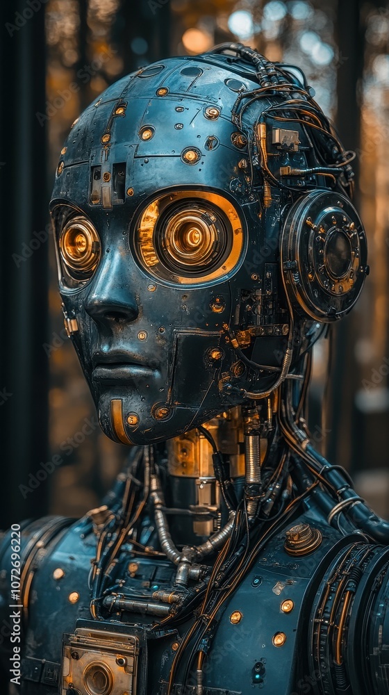 Poster a robot with a face and a pair of headphones. the robot is made of metal and has a metallic appearan