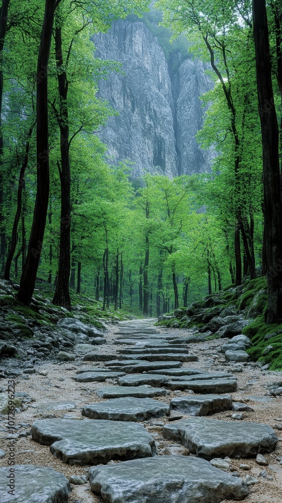Poster a forest path with a rocky trail leading to a mountain. the path is lined with trees and the rocks a