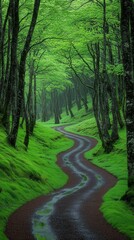 Obraz premium A winding road through a forest with trees on both sides. The road is muddy and wet, and the trees are lush and green. Scene is peaceful and serene, as if one were walking through a quiet