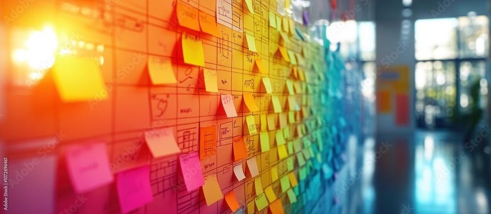 Aufkleber a wall covered in colorful sticky notes, arranged in a rainbow pattern, for a brainstorming session.