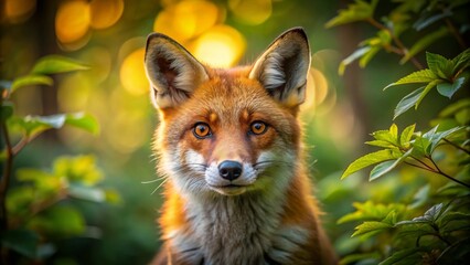 Fototapeta premium Close-up Portrait of a Majestic Red Fox Amidst Lush Greenery in a Forest Setting, Capturing the Natural Beauty and Grace of Wildlife in its Habitat