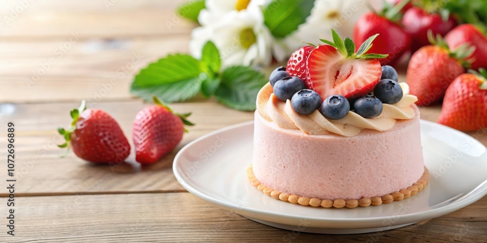 Poster a delicate strawberry mousse cake topped with fresh blueberries and a slice of strawberry, served on