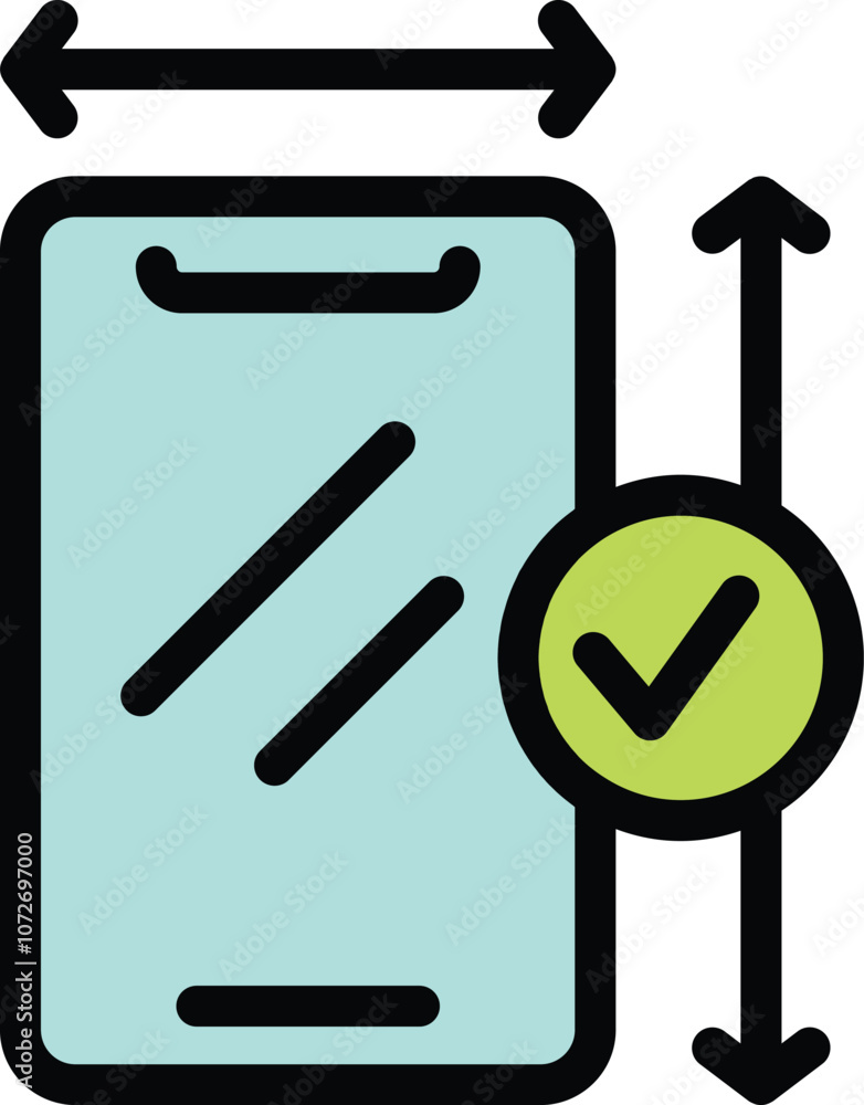 Poster smartphone screen size approval symbol with check mark icon for apps and websites in outline style