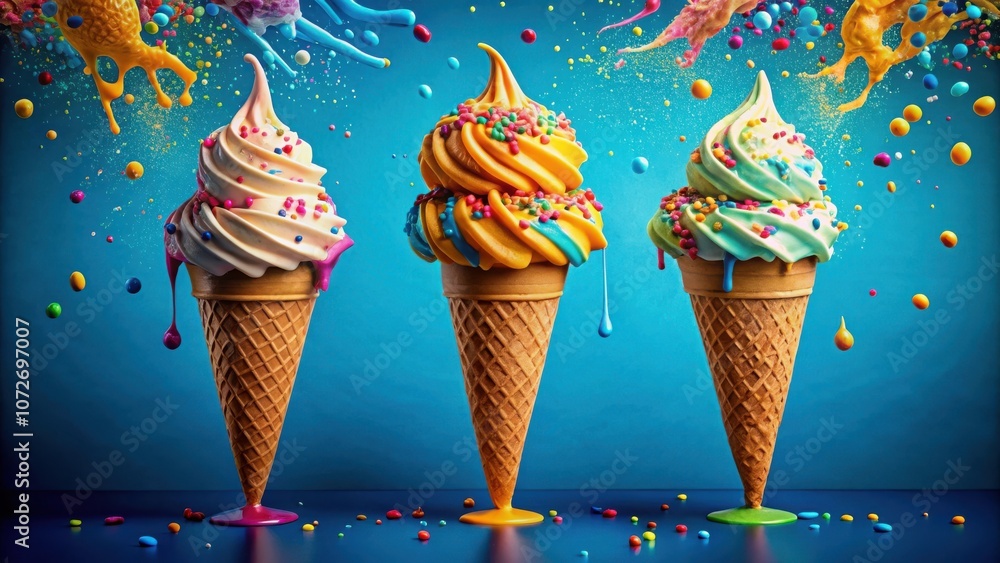 Poster a trio of colorful ice cream cones dripping with sweetness and surrounded by a whimsical explosion o