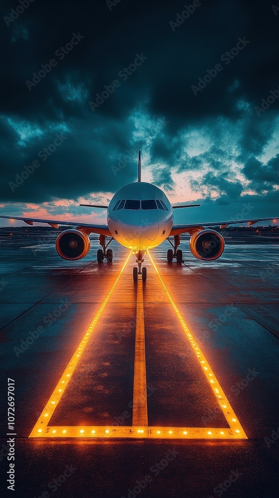 Poster a white airplane is on a runway with a yellow line. the runway is lit up with lights, creating a sen