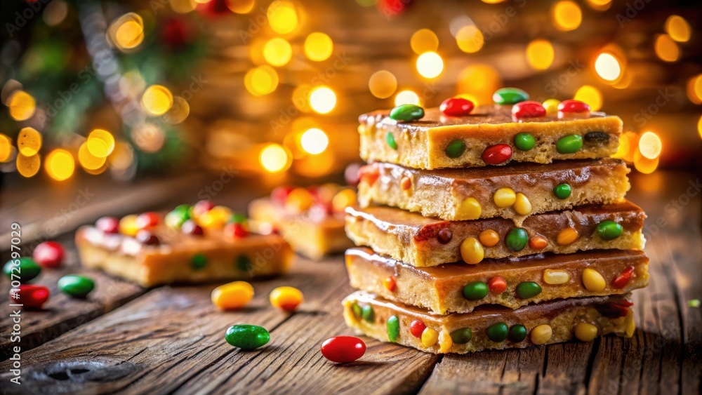 Poster a stack of caramel candy bars topped with colorful sprinkles, capturing the essence of holiday cheer