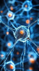 A close up of a brain with many blue and orange neurons. The blue neurons are connected to the orange ones