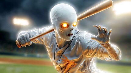 The vector illustration features a stylized ghost character, with exaggerated features like glowing eyes and a contorted expression