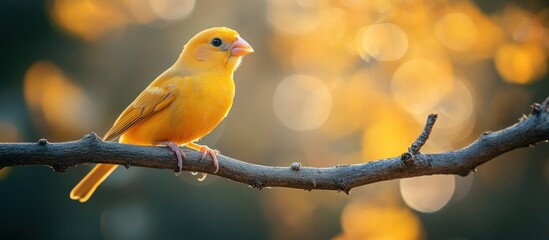 Fototapeta premium A small yellow canary perched on a branch with a blurred background of golden leaves and sun.