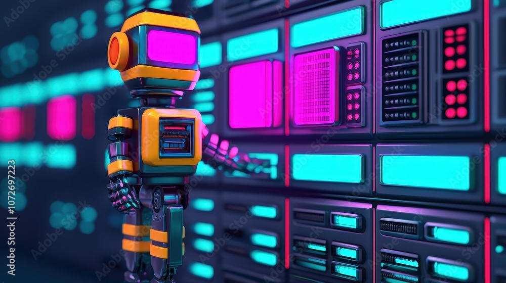 Poster futuristic robot interacting with neon server panel