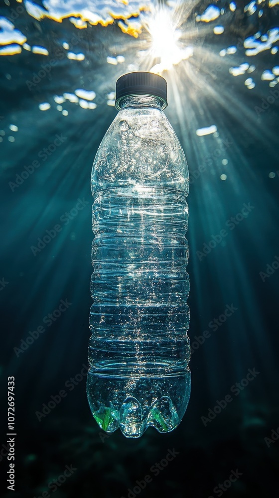 Poster a bottle of water is floating in the ocean. the bottle is empty and the sunlight is shining on it