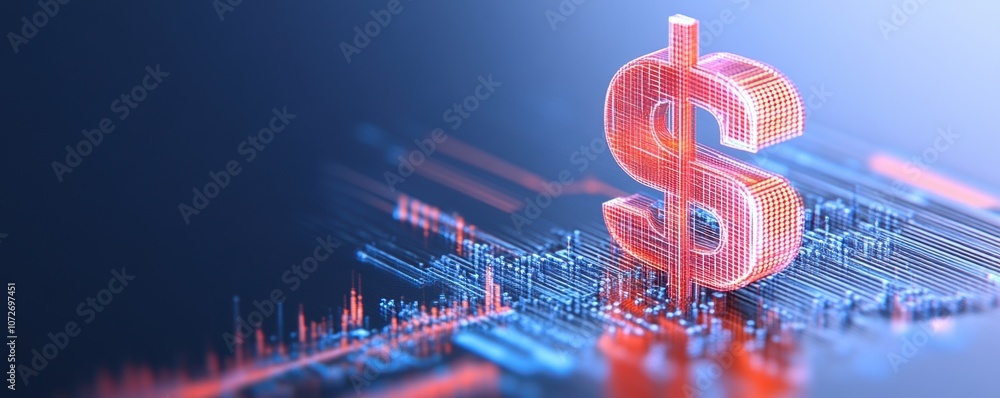 Aufkleber 3d dollar symbol with digital data network overlay. abstract financial concept on blue background