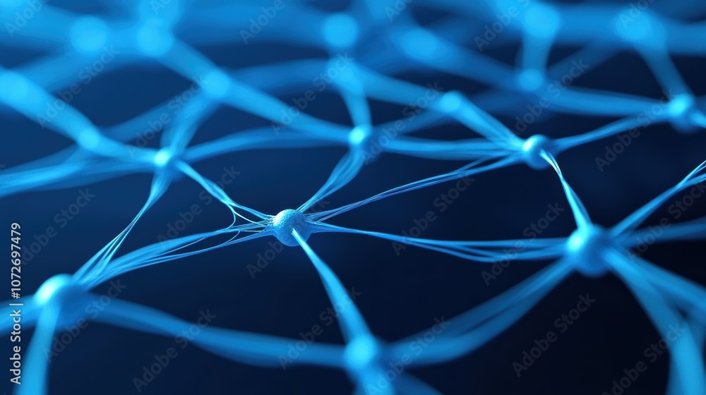 Poster abstract 3d visualization of neural network connections on dark blue background. concept of artifici