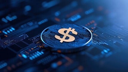 Close-up of digital coin with dollar sign on a circuit board background. Concept of cryptocurrency,