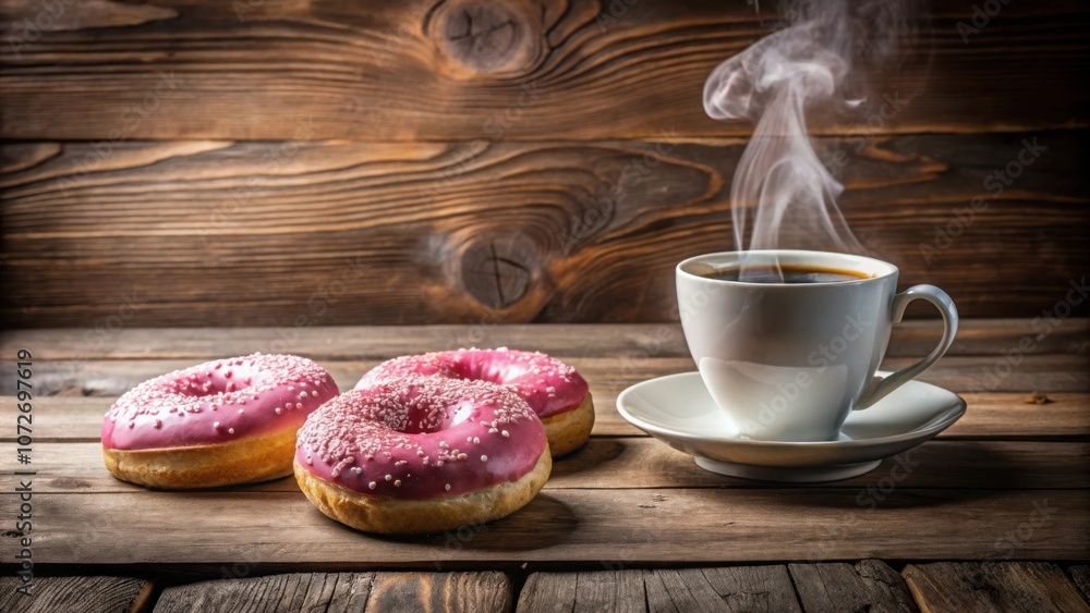Poster a cup of coffee with steam rising above it, placed on a rustic wooden table with three pink donuts b