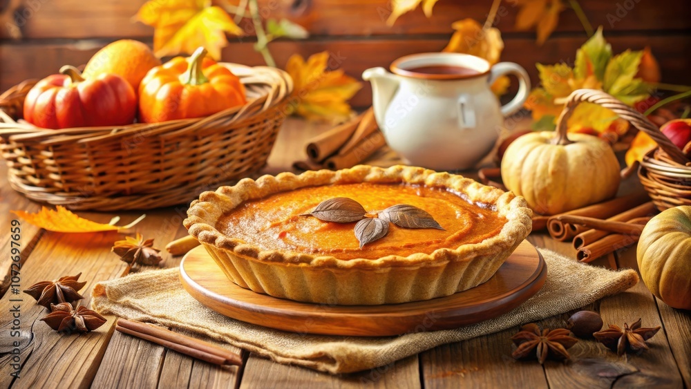 Poster a rustic autumnal table setting featuring a freshly baked pumpkin pie with cinnamon sticks and star 