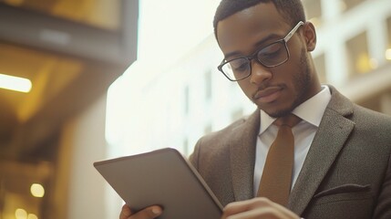 Young Ethnic Businessman Deep in Thought While Searching for Inspiration Using a Digital Tablet in a Modern Urban Setting