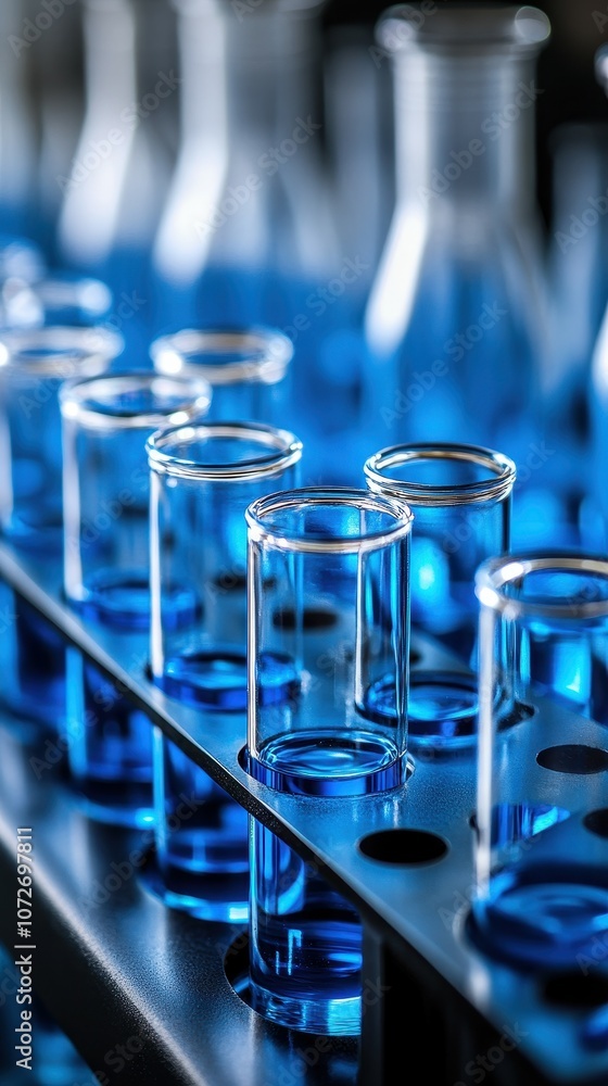 Poster a row of blue test tubes are lined up on a table. the tubes are clear and filled with liquid. concep