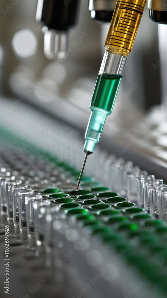 Poster a syringe is being used to inject a green liquid into a small glass vial. the syringe is attached to