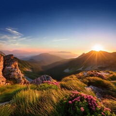 Fototapeta premium First Light on Majestic Mountain Tops: A Serene Sunrise Scene 