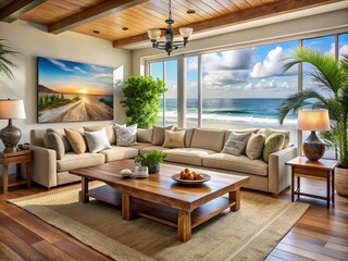 Fototapeta premium Coastal Living Room with Large Sofa, Wooden Coffee Table, Potted Plants, and Ocean Painting for Serene Beachside Decor Inspiration