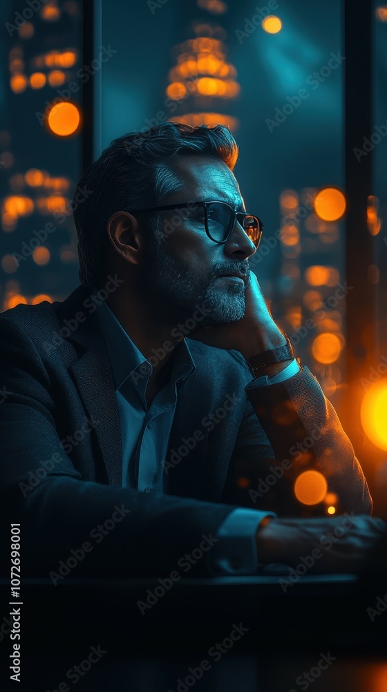 Poster a man in a suit is sitting at a table with a laptop. he is wearing glasses and he is deep in thought