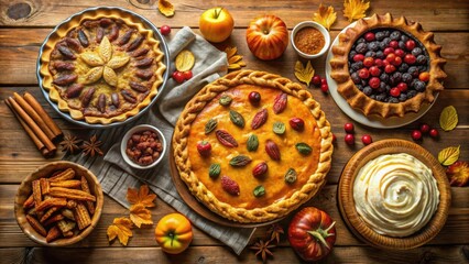 A Rustic Autumnal Table Setting Featuring an Assortment of Pies and Baked Goods, Decorated with Fall Fruits and Leaves