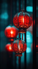 Three red lanterns hanging from a blue background. The lanterns are illuminated, creating a warm...