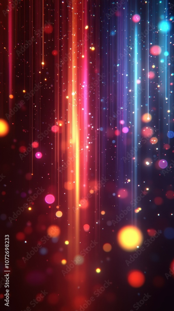 Poster a colorful image of a stream of light with many small dots. the image has a vibrant and energetic mo