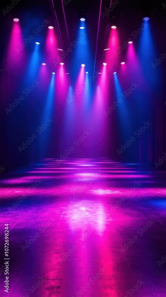 Poster a stage with a blue and purple background and lights shining on it. the stage is empty and the light