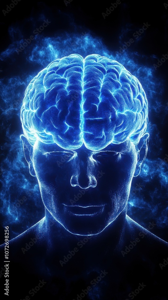 Poster a man's brain is shown in blue light. the brain is shown in a very detailed and realistic way. conce