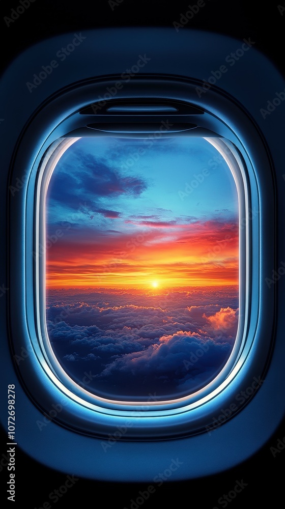 Poster a window view of a plane with a sunset in the background. the sky is filled with clouds and the sun 