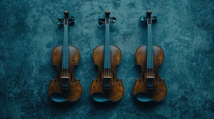 Naklejka premium Three Vintage Violins on Rustic Blue Background Music Instrument Classical String Or