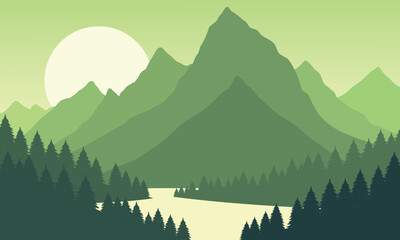 Vector green mountain landscape with clear sky, sunset behind the mountains and silhouettes of trees and calm lake water