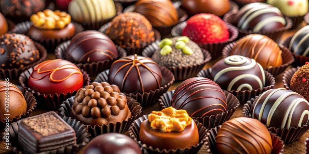 Poster a close-up view of an assortment of delicious chocolate truffles, each meticulously crafted with var