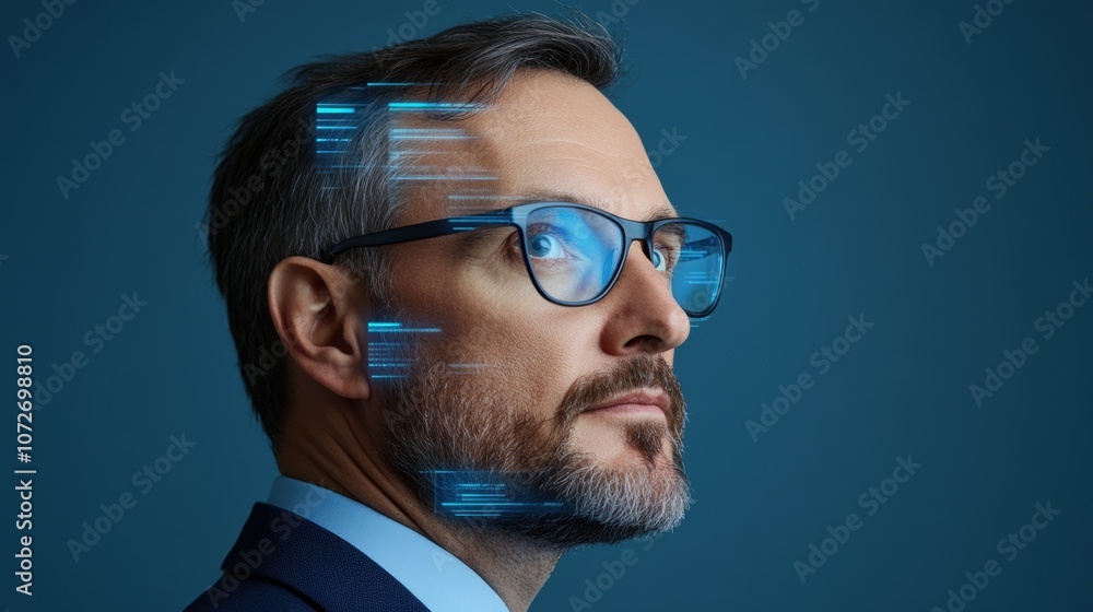 Poster profile of man with digital interface overlay and glasses. concept of artificial intelligence and te