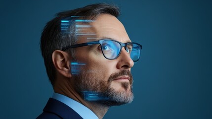 Profile of man with digital interface overlay and glasses. Concept of artificial intelligence and technology innovation.