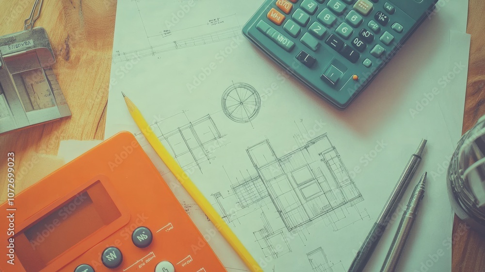 Aufkleber calculators and drafting tools on architectural plans featuring detailed blueprints for construction