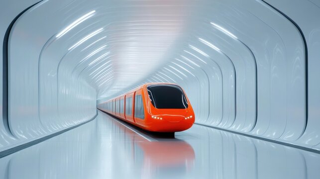 Modern orange train in a futuristic white tunnel with reflective surfaces. Transportation and innovation concept.