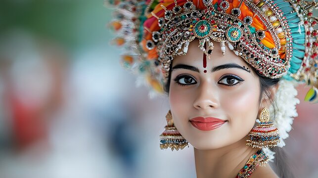 The close up portrait of a Kathakali performer in Kerala, India, showcases the meticulous attention to detail in the elaborate headdress worn by the dancer