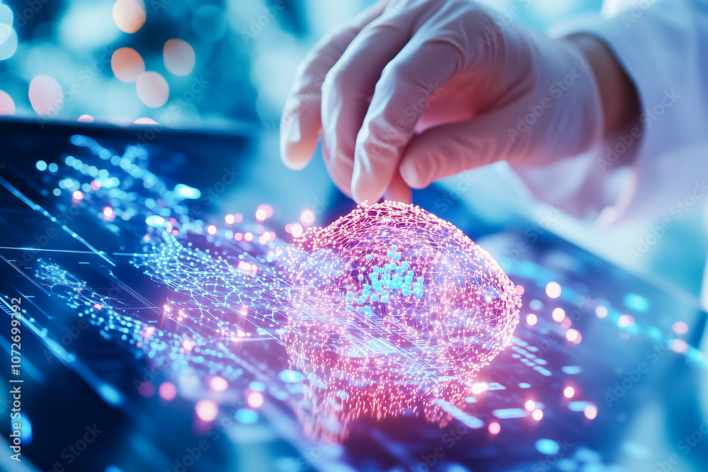 Poster a researcher uses a touchscreen to explore a glowing 3d brain model, delving into neural tech and da