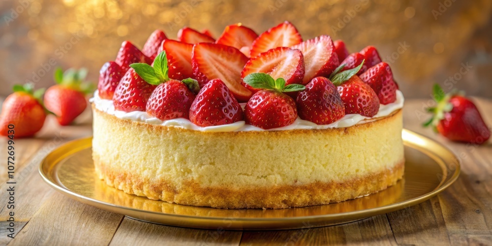 Poster a delectable dessert, featuring a creamy cheesecake base topped with a generous layer of fresh, juic